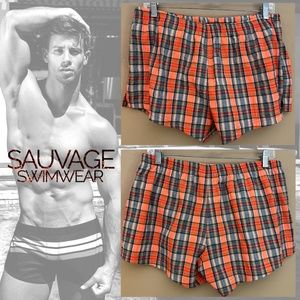 Sauvage Plaid Stretch Swim Trunks XL 36-44" waist 3.5" inseam Gently worn